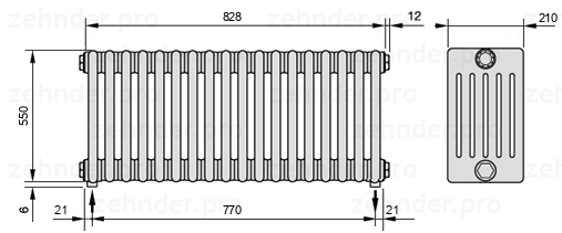 Схема (чертеж) Радиатор Zehnder Charleston 6055/18 №5310 Белый глянцевый RAL 9016